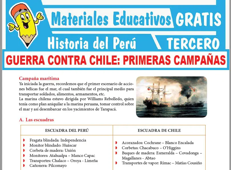Ficha de Primeras Campañas de la Guerra contra Chile para Tercer Grado de Secundaria