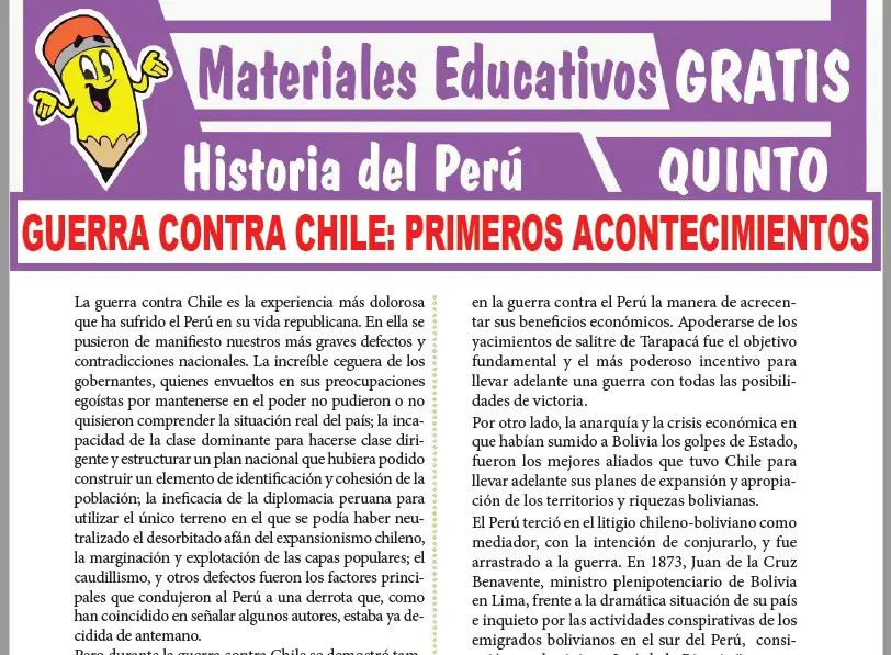 Ficha de Primeros Acontencimientos de la Guerra contra Chile para Quinto Grado de Secundaria