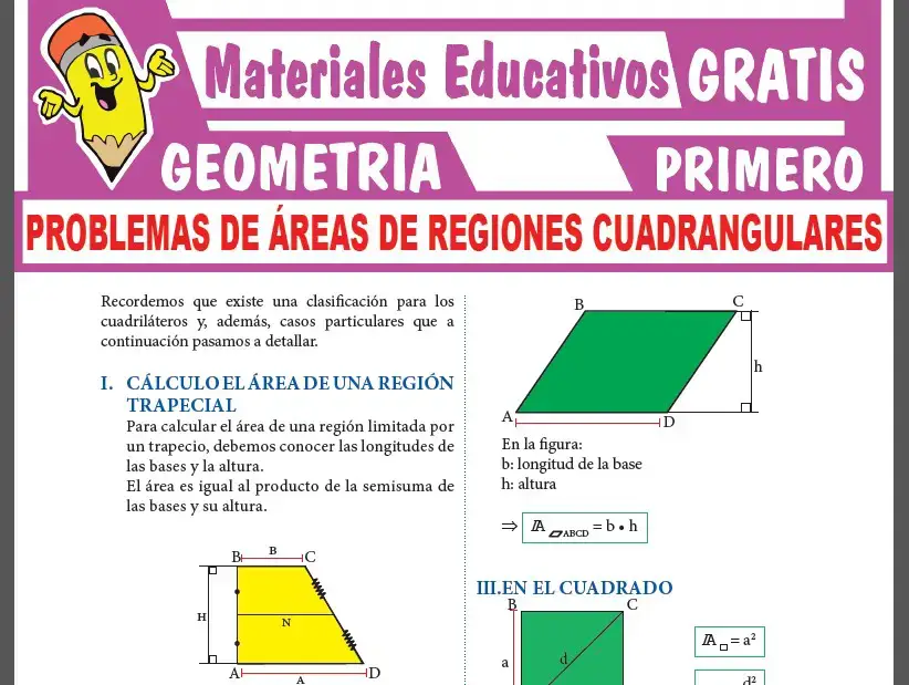 Problemas de Áreas de Regiones Cuadrangulares para Primer Grado de Secundaria