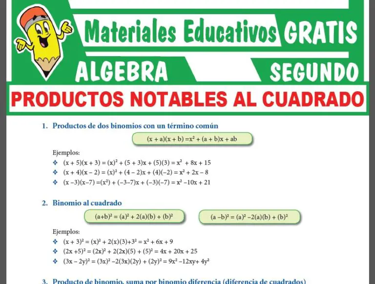 Productos Notables al Cuadrado para Segundo Grado de Secundaria