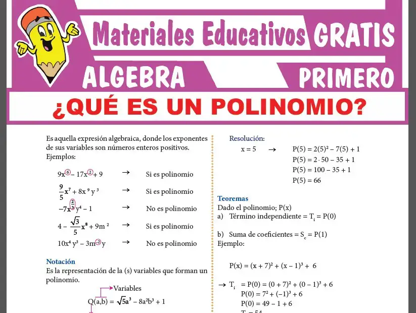 ¿Qué es un Polinomio? para Primer Grado de Secundaria