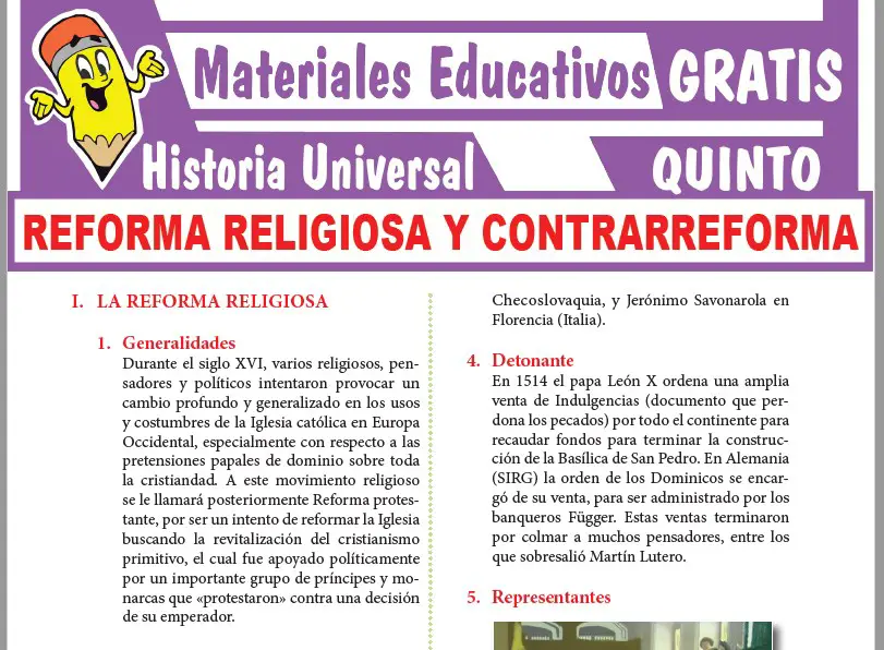 Ficha de Reforma Religiosa y Contrarreforma para Quinto Grado de Secundaria