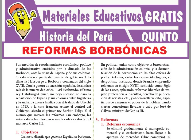 Ficha de Reformas Borbónicas en el Perú para Quinto Grado de Secundaria