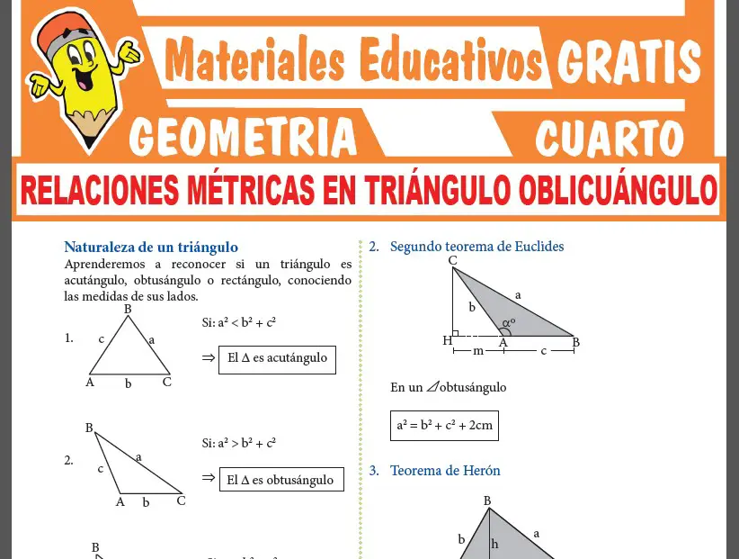 Relaciones Métricas en Triángulo Oblicuángulo para Cuarto Grado de Secundaria