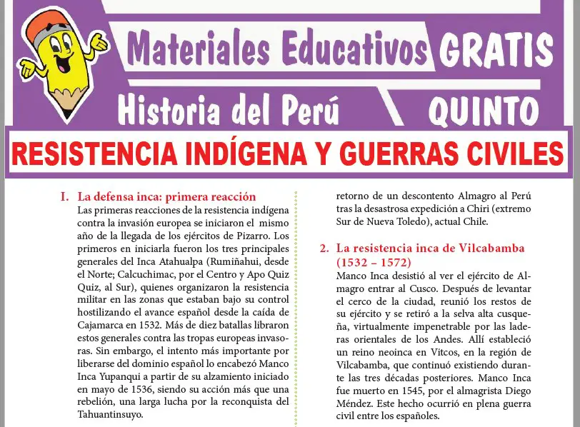 Ficha de Resistencia Indígena y Guerras Civiles para Quinto Grado de Secundaria