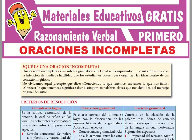 Ficha de Resolución de Oraciones Incompletas para Primer Grado de Secundaria