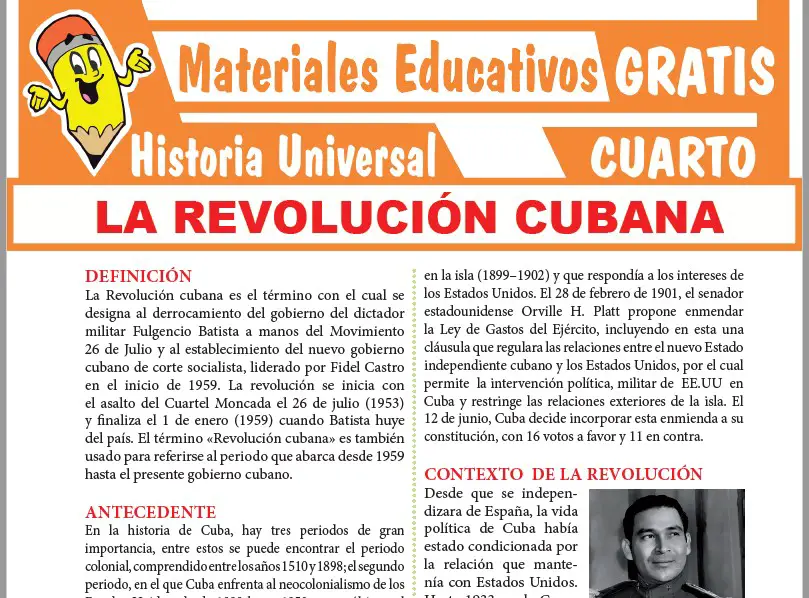 Ficha de Revolución Cubana para Cuarto Grado de Secundaria