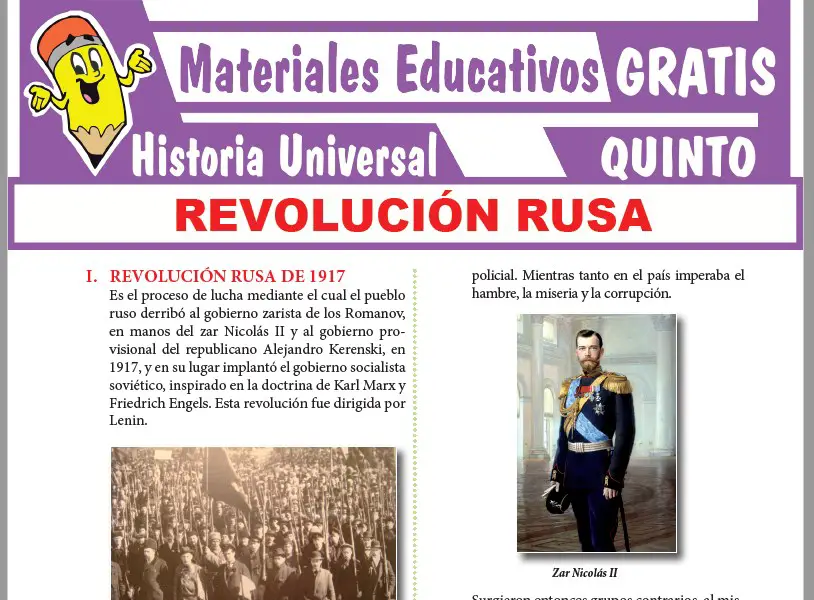 Ficha de Revolución Rusa de 1917 para Quinto Grado de Secundaria