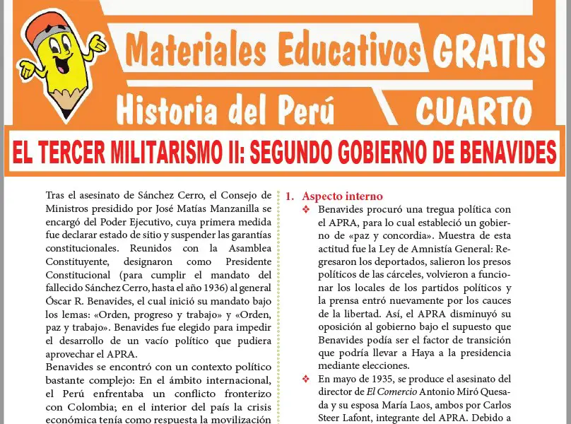 Ficha de Segundo Gobierno de Benavides para Cuarto Grado de Secundaria