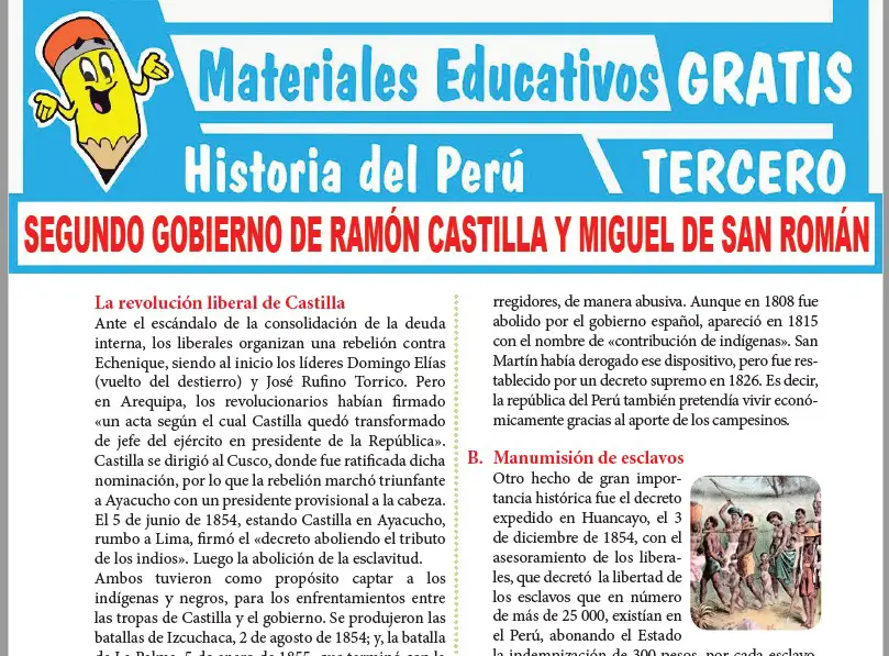 Ficha de Segundo gobierno de Ramón Castilla y Miguel de San Román para Tercer Grado de Secundaria