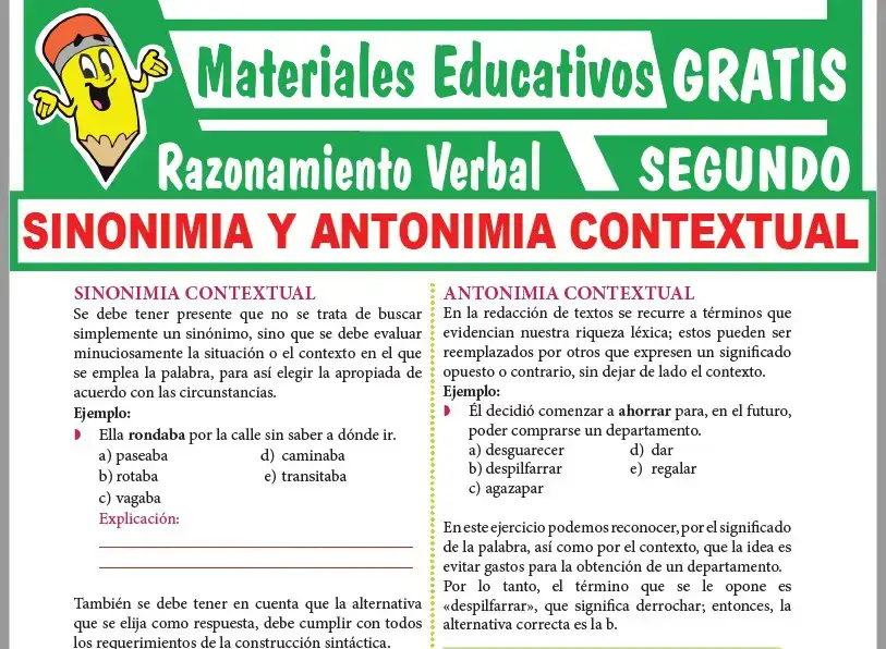 Ficha de Sinónimos y Antónimos para Segundo Grado de Secundaria