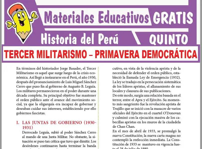 Ficha de Tercer Militarismo y Primavera Democrática del Perú para Quinto Grado de Secundaria