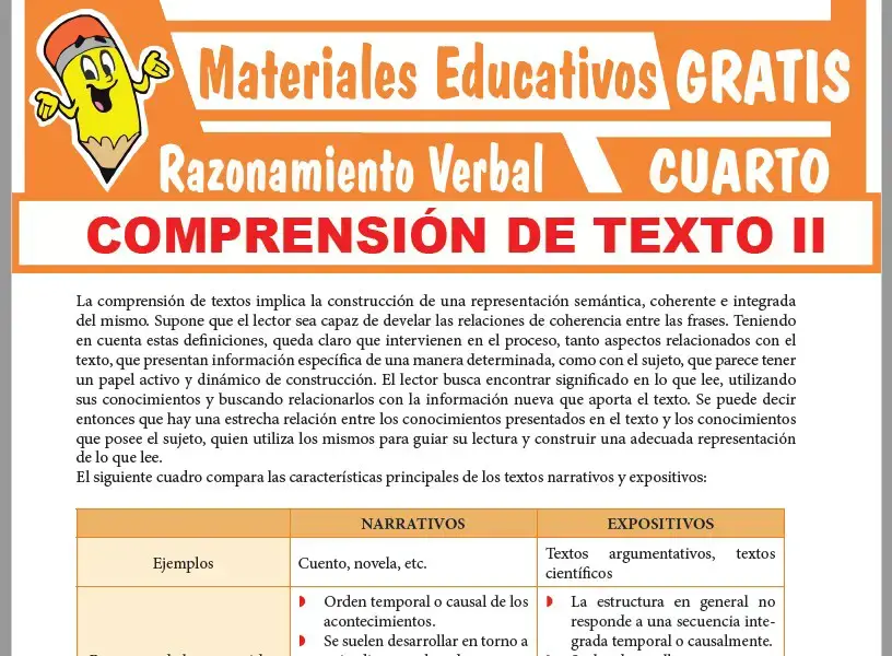 Ficha de Textos Narrativos y Expositivos para Cuarto Grado de Secundaria