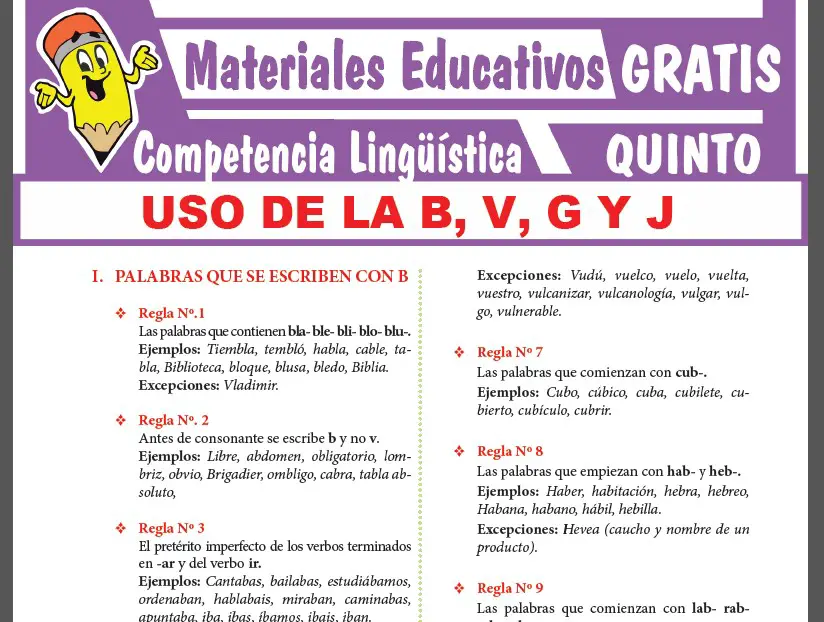 Uso de la B, V, G y J para Quinto Grado de Secundaria