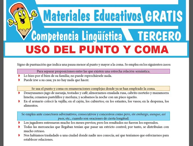 Uso del Punto y Coma para Tercer Grado de Secundaria